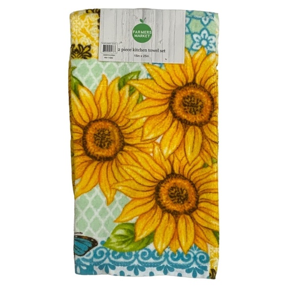 Farmers Market Sunflower Butterfly Kitchen Towels Absorbent Cotton Velour 2 PC - Picture 12 of 16